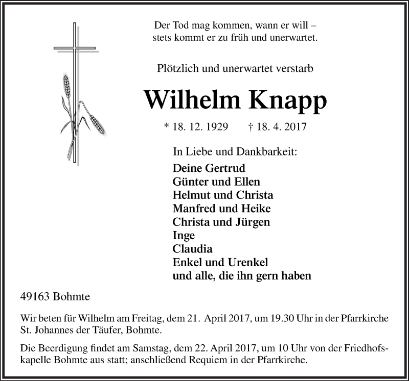  Traueranzeige für Wilhelm Knapp vom 20.04.2017 aus Neue Osnabrücker Zeitung GmbH & Co. KG