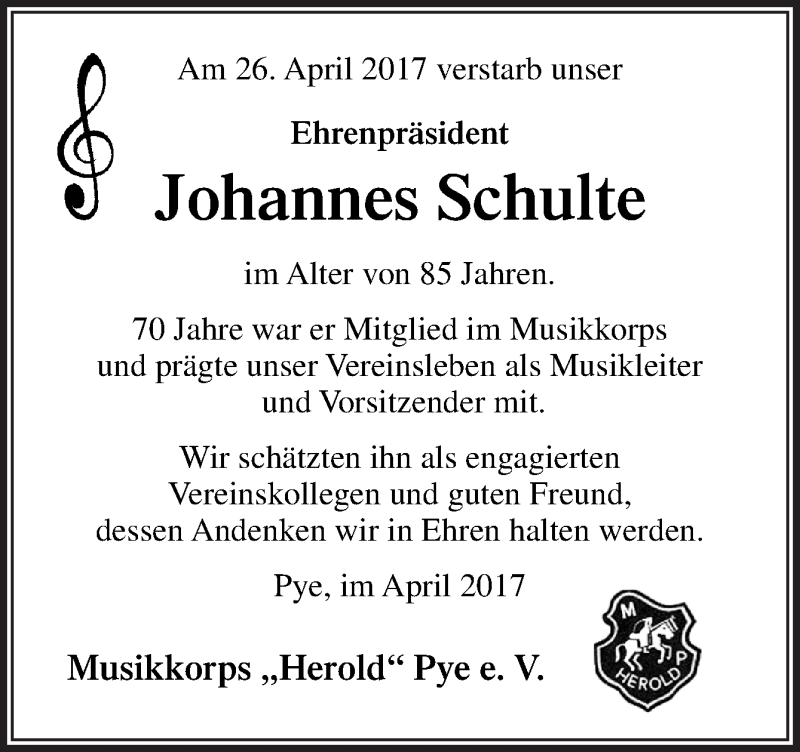 Traueranzeige für Johannes Schulte vom 29.04.2017 aus Neue Osnabrücker Zeitung GmbH & Co. KG