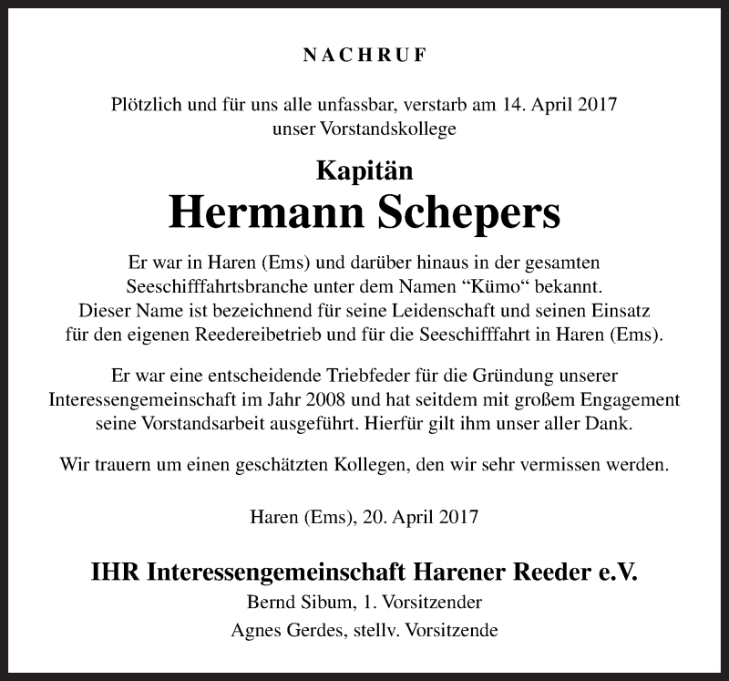  Traueranzeige für Hermann Schepers vom 20.04.2017 aus Neue Osnabrücker Zeitung GmbH & Co. KG