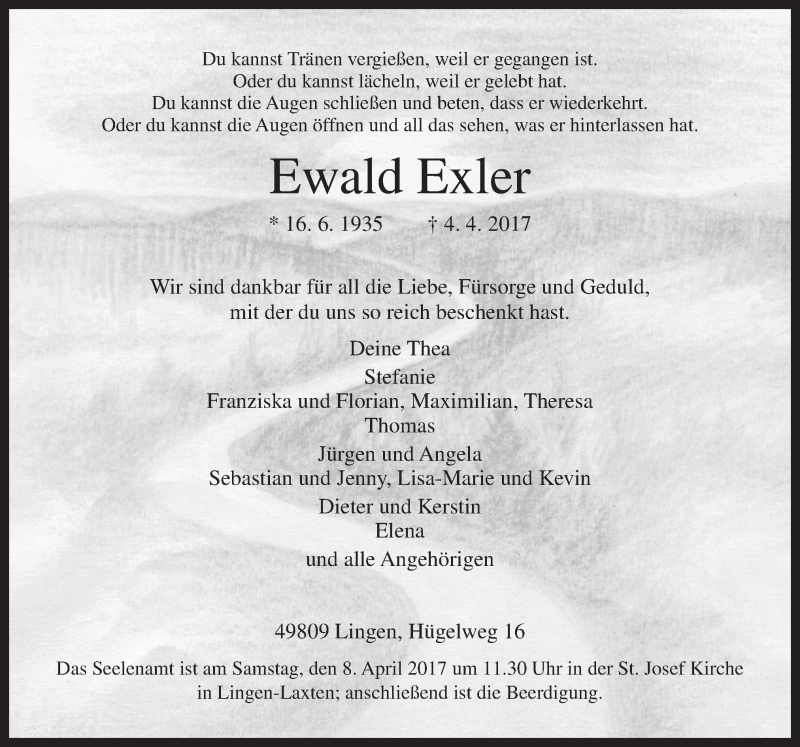  Traueranzeige für Ewald Exler vom 07.04.2017 aus Neue Osnabrücker Zeitung GmbH & Co. KG