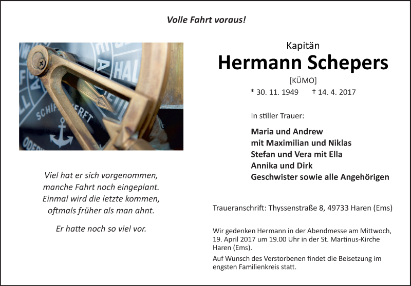  Traueranzeige für Hermann Schepers vom 18.04.2017 aus Neue Osnabrücker Zeitung GmbH & Co. KG