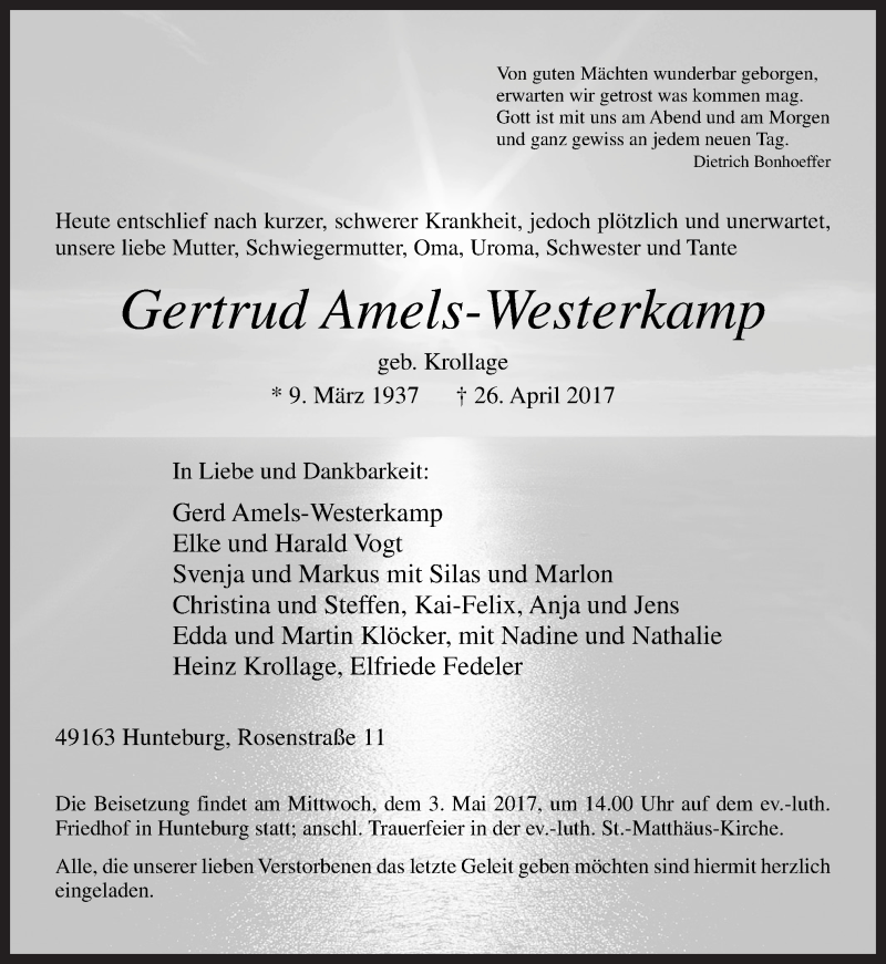  Traueranzeige für Gertrud Amels-Westenkamp vom 28.04.2017 aus Neue Osnabrücker Zeitung GmbH & Co. KG