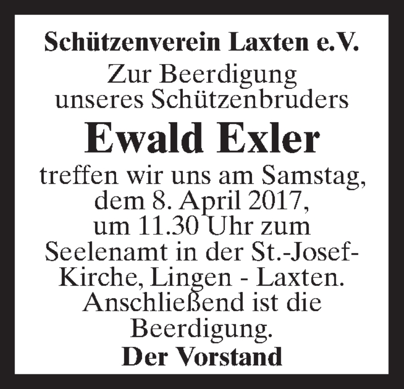 Traueranzeige für Ewald Exler vom 07.04.2017 aus Neue Osnabrücker Zeitung GmbH & Co. KG