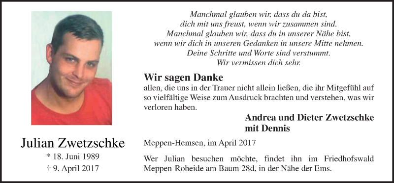  Traueranzeige für Julian Zwetzschke vom 29.04.2017 aus Neue Osnabrücker Zeitung GmbH & Co. KG
