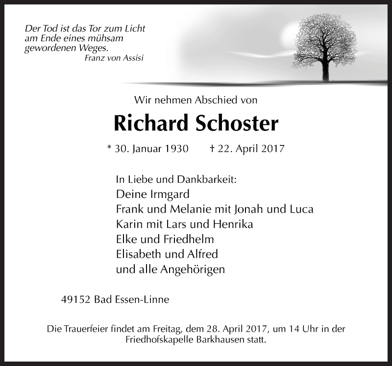  Traueranzeige für Richard Schoster vom 25.04.2017 aus Neue Osnabrücker Zeitung GmbH & Co. KG