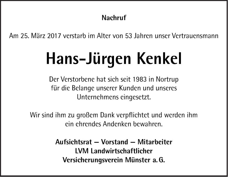 Traueranzeige für Hans-Jürgen Kenkel vom 01.04.2017 aus Neue Osnabrücker Zeitung GmbH & Co. KG