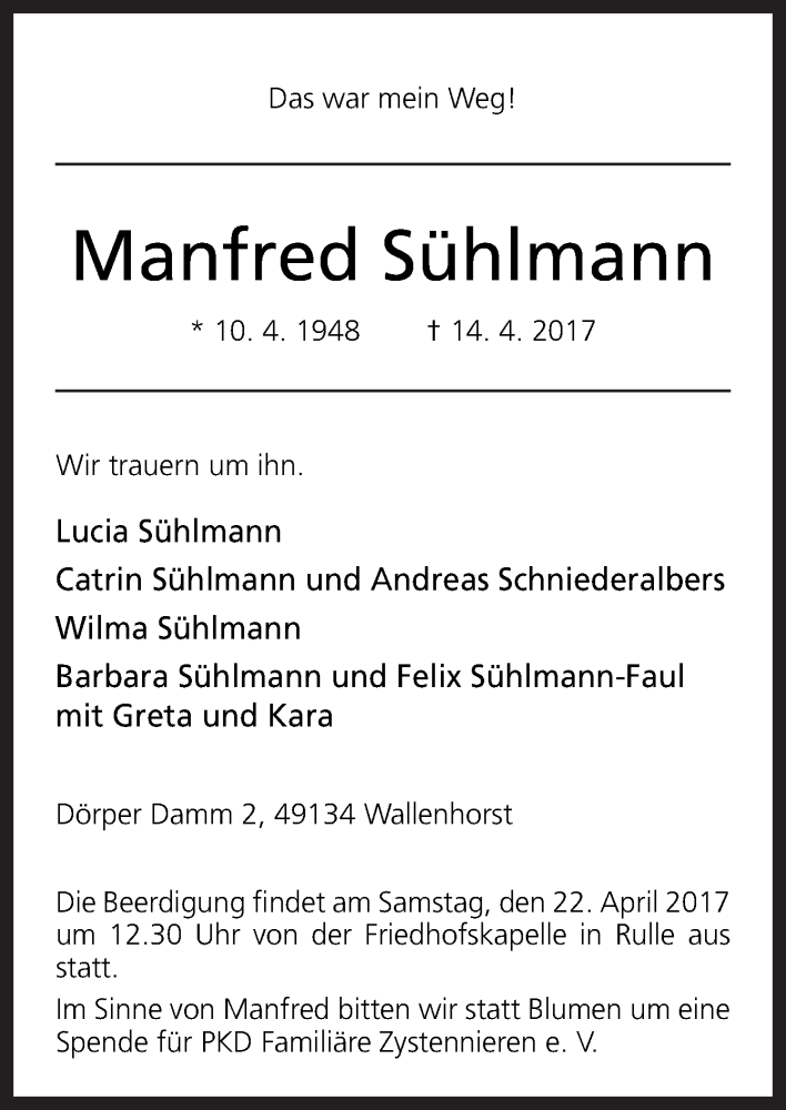  Traueranzeige für Manfred Sühlmann vom 18.04.2017 aus Neue Osnabrücker Zeitung GmbH & Co. KG