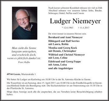 Traueranzeigen Von Ludger Niemeyer Noz Trauerportal