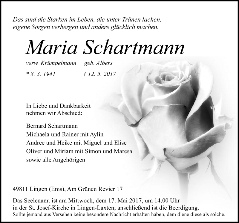  Traueranzeige für Maria Schartmann vom 15.05.2017 aus Neue Osnabrücker Zeitung GmbH & Co. KG