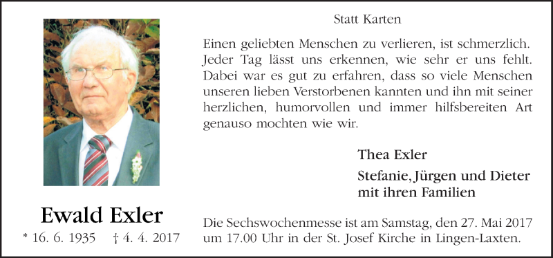  Traueranzeige für Ewald Exler vom 24.05.2017 aus Neue Osnabrücker Zeitung GmbH & Co. KG