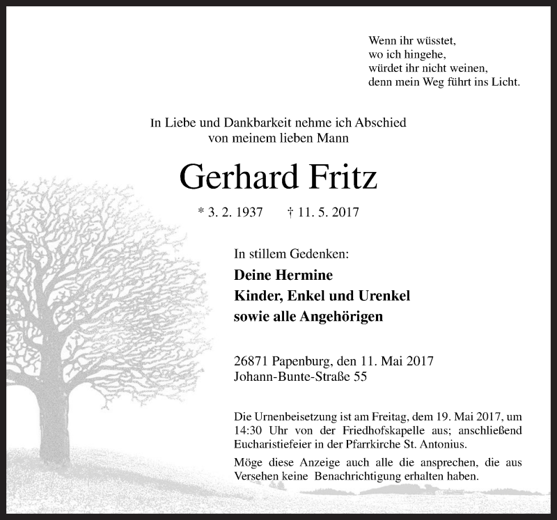  Traueranzeige für Gerhard Fritz vom 15.05.2017 aus Neue Osnabrücker Zeitung GmbH & Co. KG