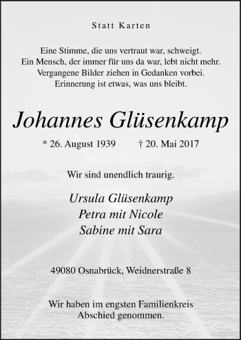 Traueranzeige von Johannes Glüsenkamp von Neue Osnabrücker Zeitung GmbH & Co. KG