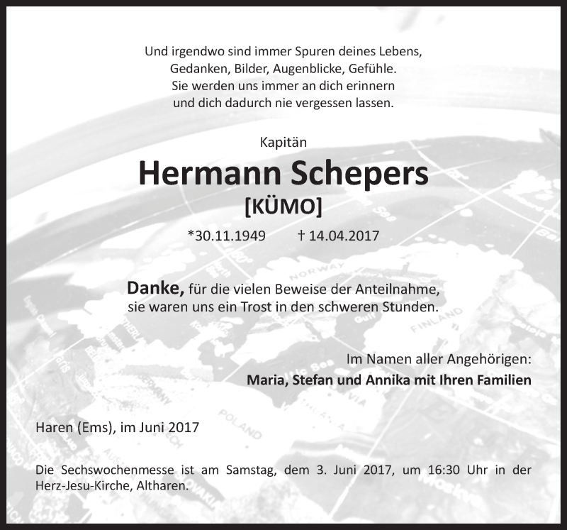  Traueranzeige für Hermann Schepers vom 31.05.2017 aus Neue Osnabrücker Zeitung GmbH & Co. KG