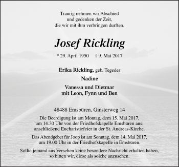 Traueranzeige von Josef Rickling von Neue Osnabrücker Zeitung GmbH & Co. KG