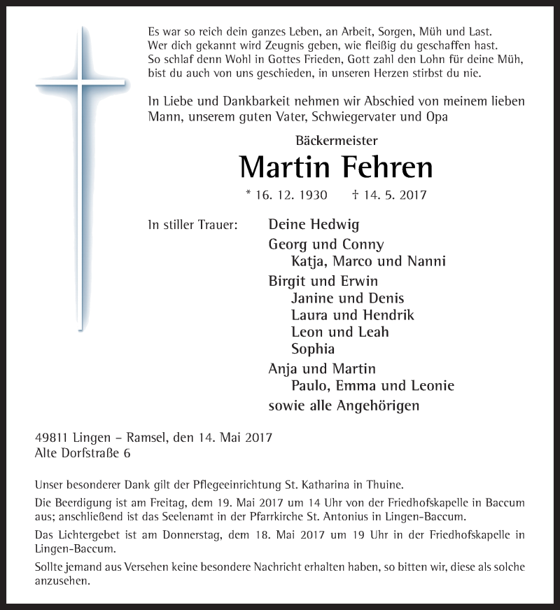 Traueranzeige für Martin Fehren vom 17.05.2017 aus Neue Osnabrücker Zeitung GmbH & Co. KG