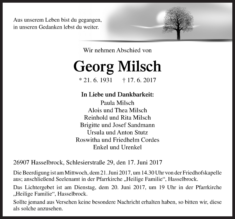  Traueranzeige für Georg Milsch vom 19.06.2017 aus Neue Osnabrücker Zeitung GmbH & Co. KG