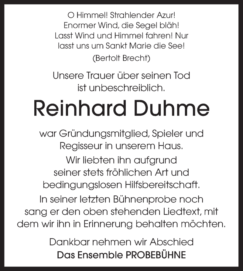  Traueranzeige für Reinhard Duhme vom 12.06.2017 aus Neue Osnabrücker Zeitung GmbH & Co. KG