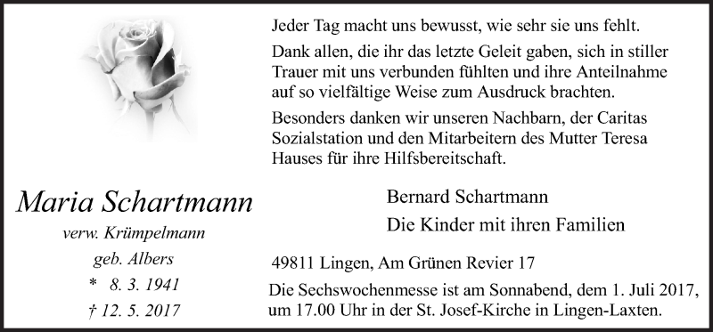  Traueranzeige für Maria Schartmann vom 28.06.2017 aus Neue Osnabrücker Zeitung GmbH & Co. KG
