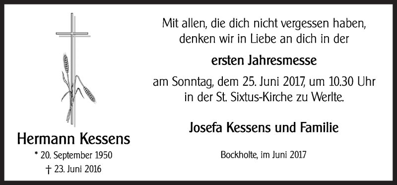  Traueranzeige für Hermann Kessens vom 23.06.2017 aus Neue Osnabrücker Zeitung GmbH & Co. KG
