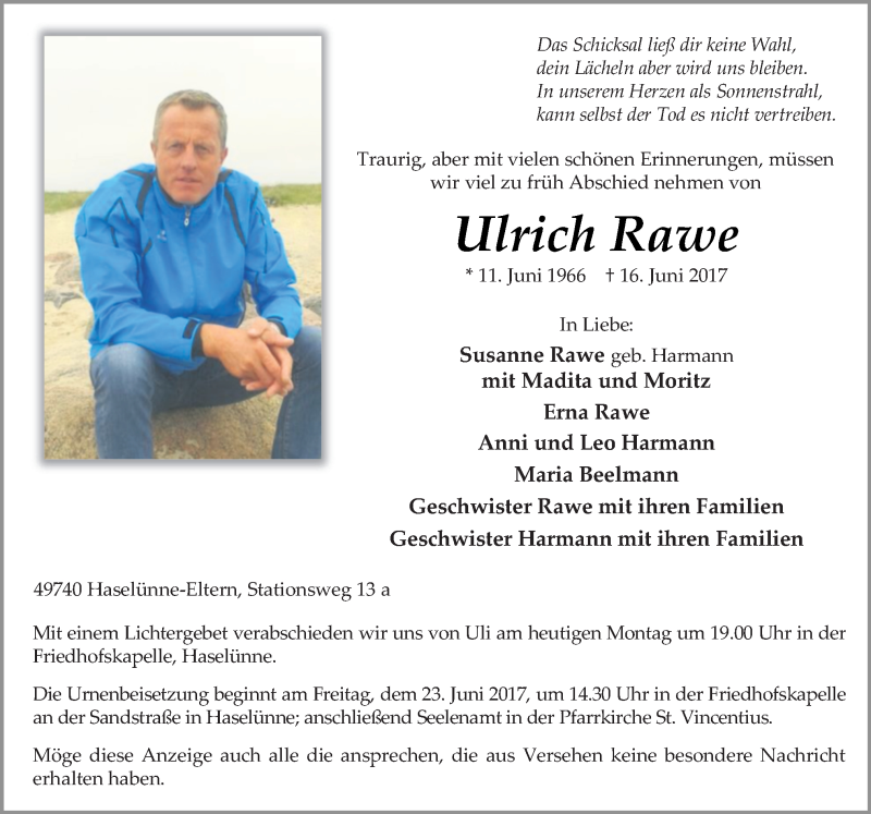  Traueranzeige für Ulrich Rawe vom 19.06.2017 aus Neue Osnabrücker Zeitung GmbH & Co. KG