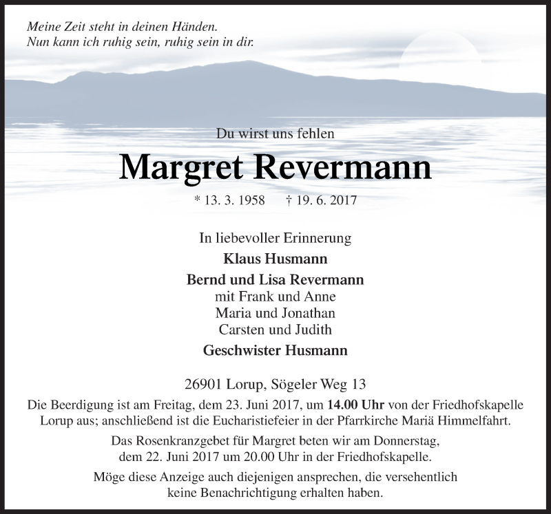  Traueranzeige für Margret Revermann vom 21.06.2017 aus Neue Osnabrücker Zeitung GmbH & Co. KG