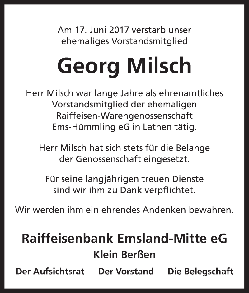  Traueranzeige für Georg Milsch vom 21.06.2017 aus Neue Osnabrücker Zeitung GmbH & Co. KG