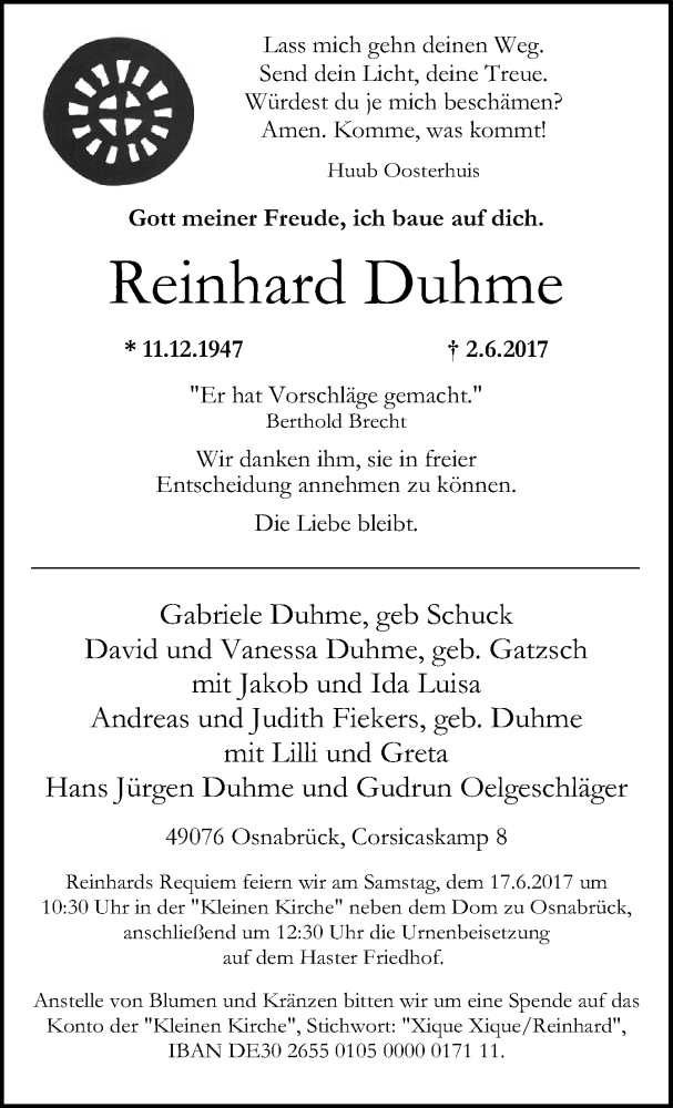  Traueranzeige für Reinhard Duhme vom 10.06.2017 aus Neue Osnabrücker Zeitung GmbH & Co. KG