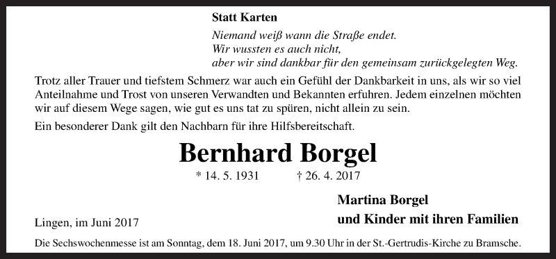  Traueranzeige für Bernhard Borgel vom 10.06.2017 aus Neue Osnabrücker Zeitung GmbH & Co. KG