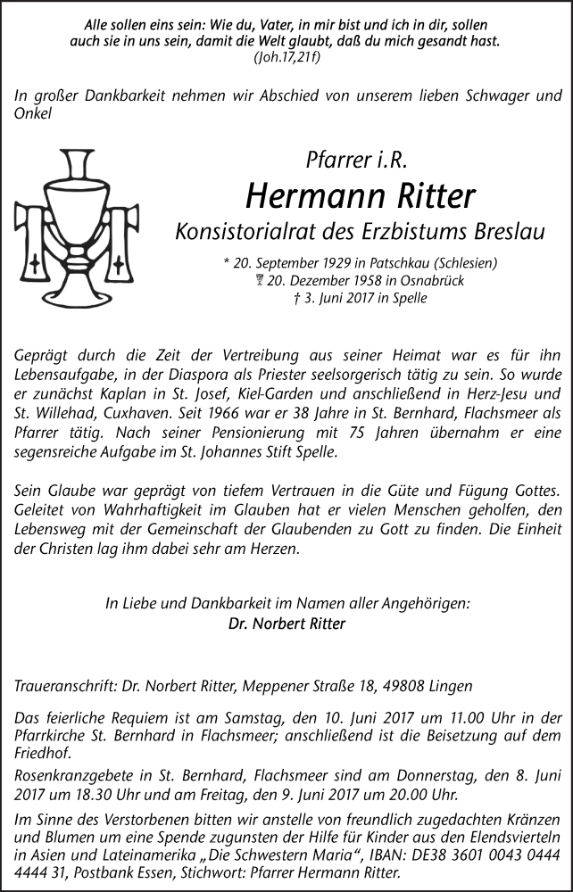  Traueranzeige für Hermann Ritter vom 07.06.2017 aus Neue Osnabrücker Zeitung GmbH & Co. KG