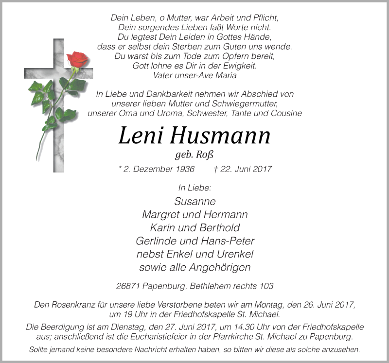  Traueranzeige für Leni Husmann vom 24.06.2017 aus Neue Osnabrücker Zeitung GmbH & Co. KG