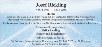 Traueranzeige von Josef Rickling von Neue Osnabrücker Zeitung GmbH & Co. KG