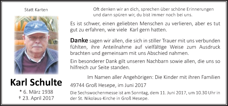  Traueranzeige für Karl Schulte vom 07.06.2017 aus Neue Osnabrücker Zeitung GmbH & Co. KG