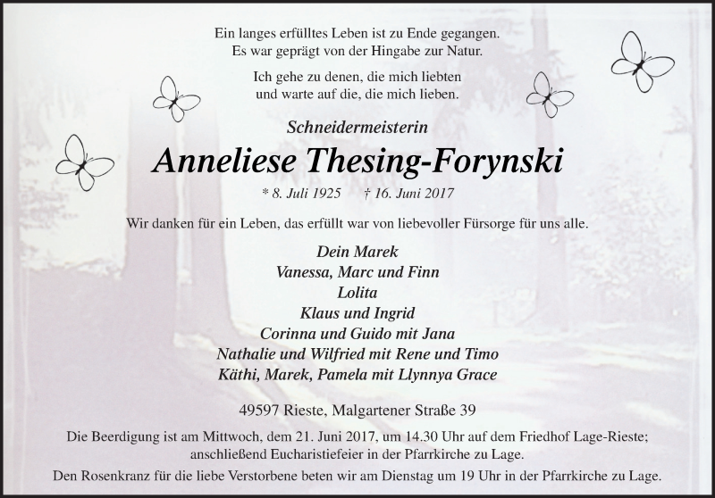  Traueranzeige für Anneliese Thesing-Forynski vom 19.06.2017 aus Neue Osnabrücker Zeitung GmbH & Co. KG