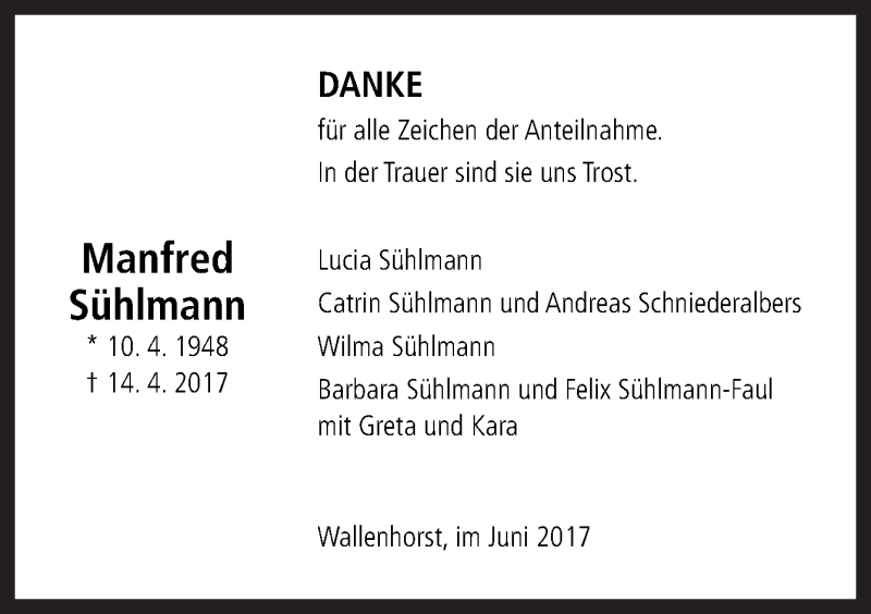  Traueranzeige für Manfred Sühlmann vom 17.06.2017 aus Neue Osnabrücker Zeitung GmbH & Co. KG