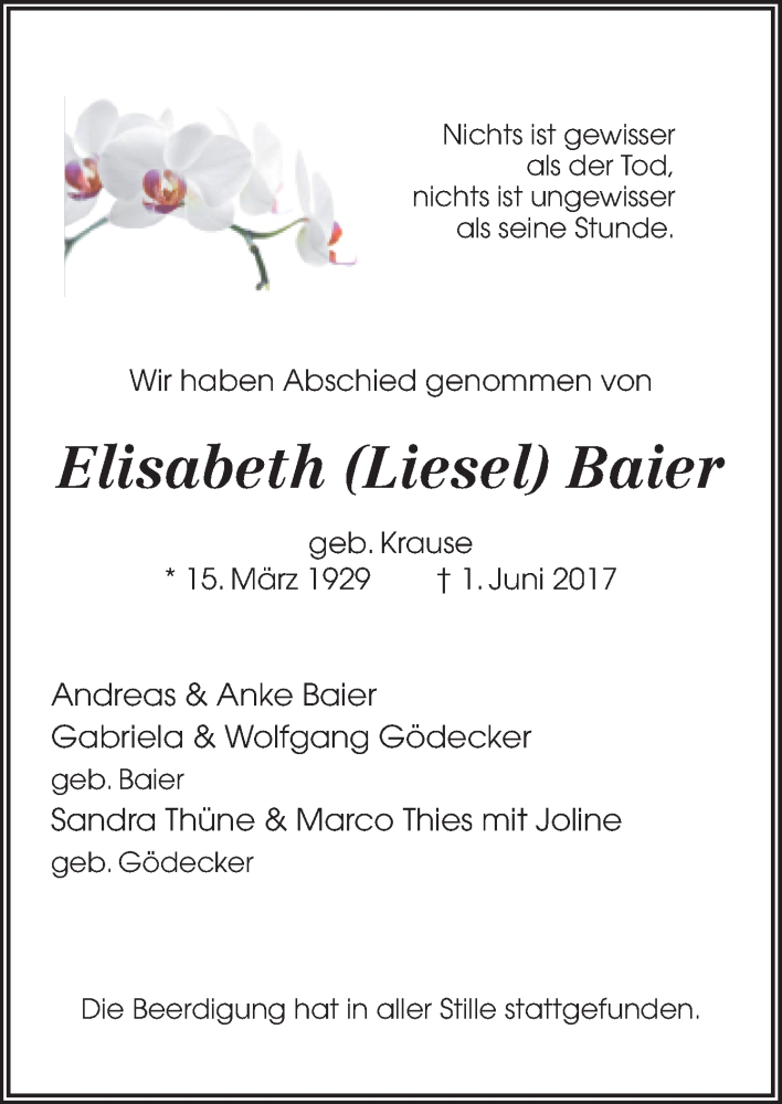  Traueranzeige für Elisabeth Baier vom 10.06.2017 aus Neue Osnabrücker Zeitung GmbH & Co. KG