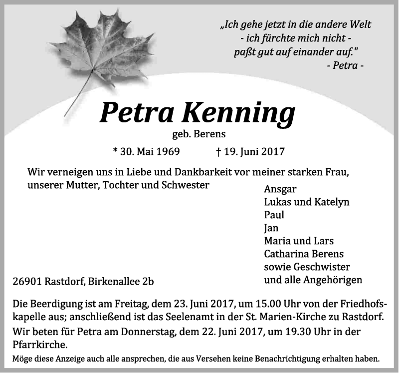  Traueranzeige für Petra Kenning vom 21.06.2017 aus Neue Osnabrücker Zeitung GmbH & Co. KG