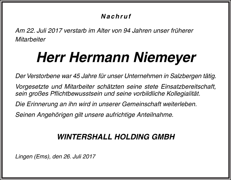  Traueranzeige für Hermann Niemeyer vom 26.07.2017 aus Neue Osnabrücker Zeitung GmbH & Co. KG