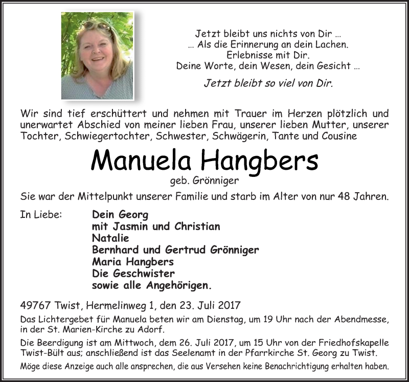  Traueranzeige für Manuela Hangbers vom 24.07.2017 aus Neue Osnabrücker Zeitung GmbH & Co. KG