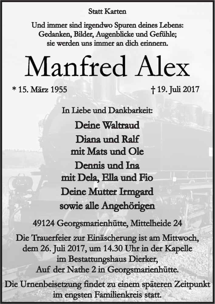 Traueranzeige für Manfred Alex vom 24.07.2017 aus Neue Osnabrücker Zeitung GmbH & Co. KG