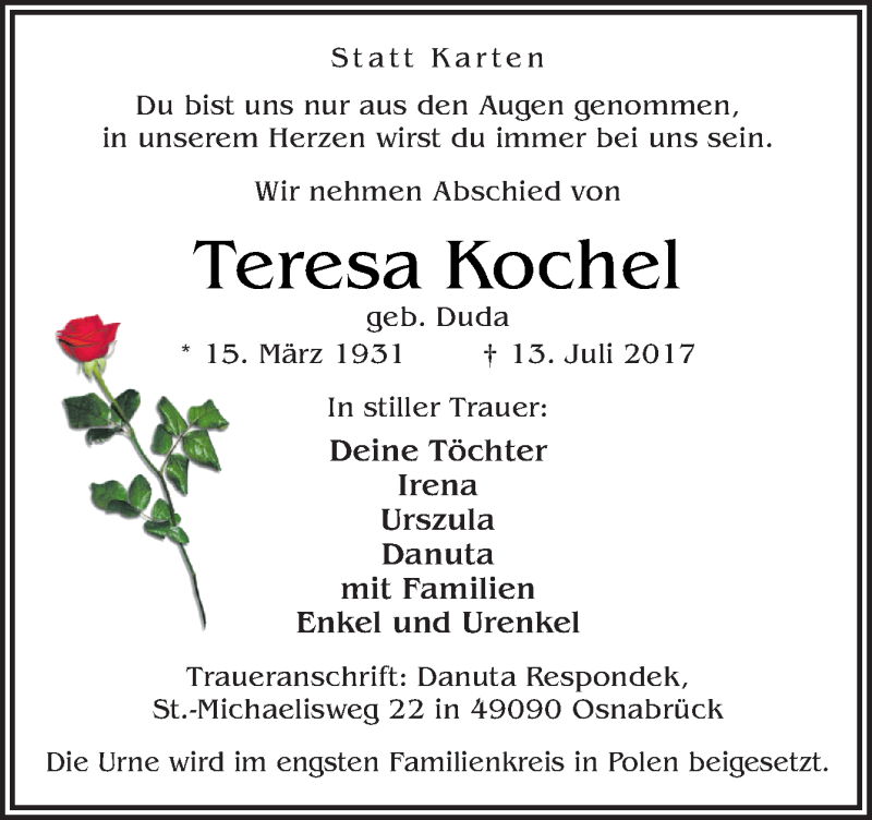 Traueranzeigen Von Teresa Kochel Noz Trauerportal