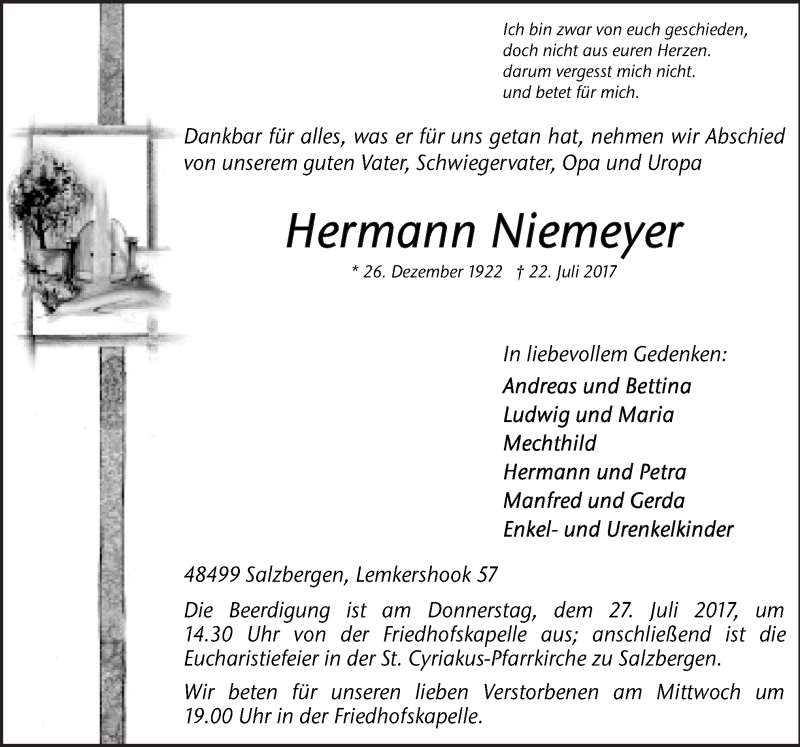  Traueranzeige für Hermann Niemeyer vom 24.07.2017 aus Neue Osnabrücker Zeitung GmbH & Co. KG