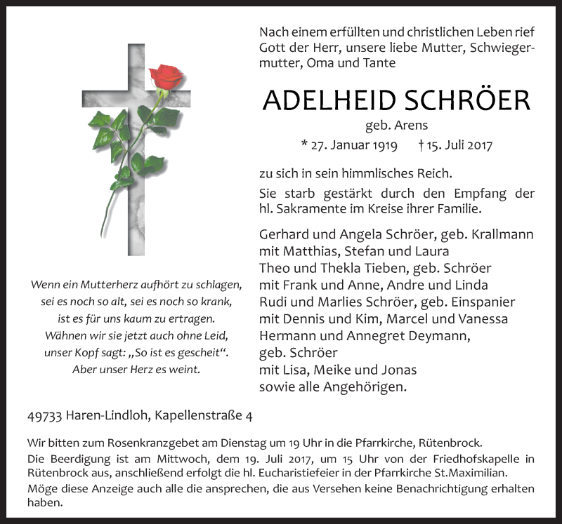 Traueranzeigen von Adelheid Schröer noz Trauerportal