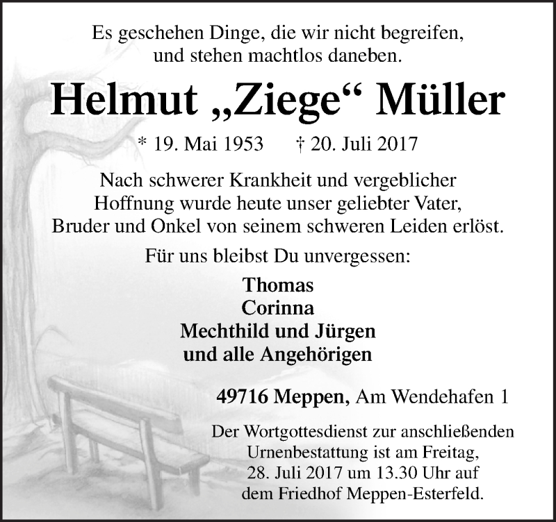  Traueranzeige für Helmut  Müller vom 24.07.2017 aus Neue Osnabrücker Zeitung GmbH & Co. KG