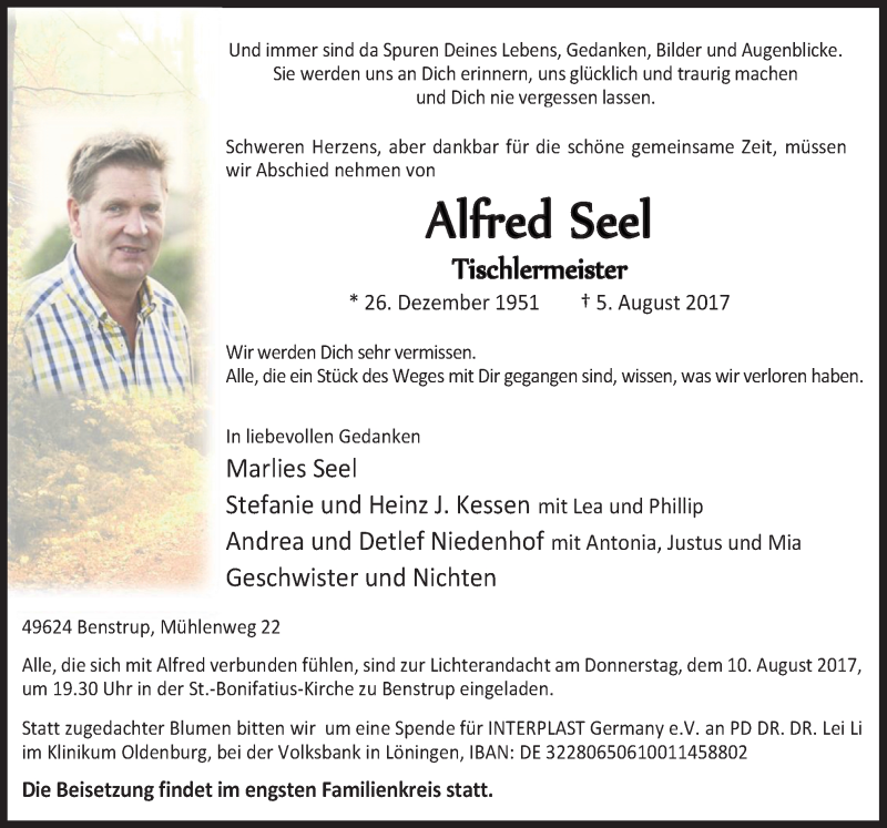  Traueranzeige für Alfred Seel vom 09.08.2017 aus Neue Osnabrücker Zeitung GmbH & Co. KG
