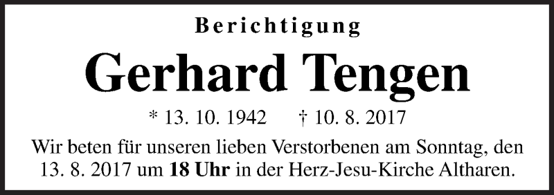  Traueranzeige für Gerhard Tengen vom 12.08.2017 aus Neue Osnabrücker Zeitung GmbH & Co. KG