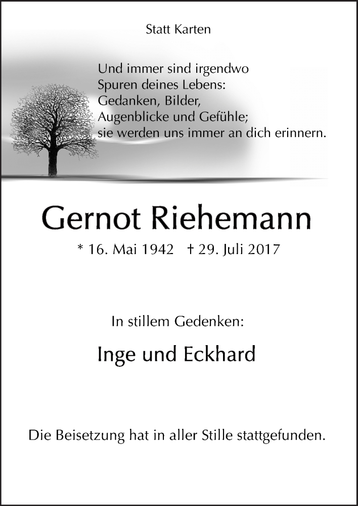  Traueranzeige für Gernot Riehemann vom 08.08.2017 aus Neue Osnabrücker Zeitung GmbH & Co. KG