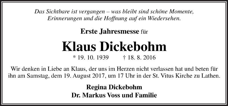  Traueranzeige für Klaus Dickebohm vom 16.08.2017 aus Neue Osnabrücker Zeitung GmbH & Co. KG