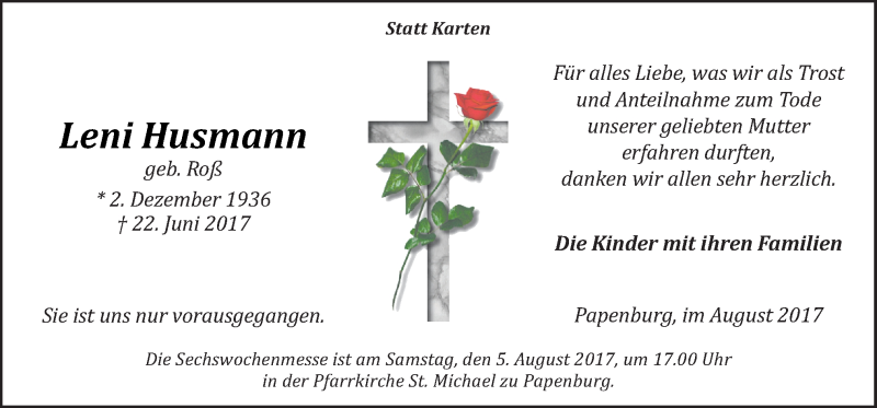  Traueranzeige für Leni Husmann vom 02.08.2017 aus Neue Osnabrücker Zeitung GmbH & Co. KG