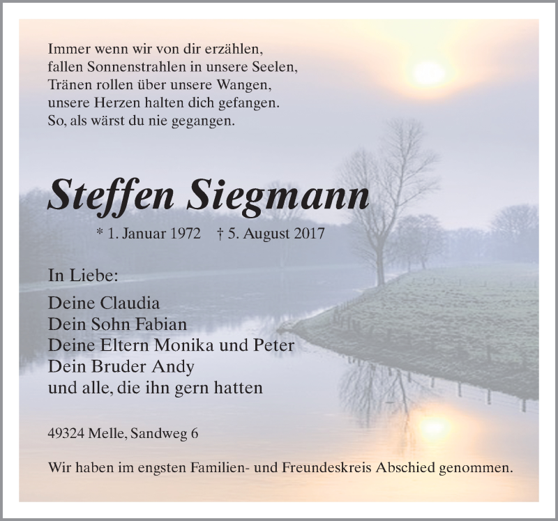  Traueranzeige für Steffen Siegmann vom 11.08.2017 aus Neue Osnabrücker Zeitung GmbH & Co. KG
