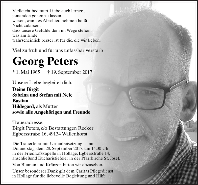  Traueranzeige für Georg Peters vom 22.09.2017 aus Neue Osnabrücker Zeitung GmbH & Co. KG